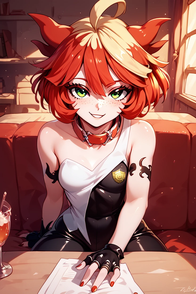 score_9, score_8_up, score_8, medium breasts, (curvy), cute, eyelashes,       ,,, , ,,, zzMela, green eyes, ahoge, freckles, red hair, multicolored hair, two-tone hair, short hair, black gloves, collar, fingerless gloves, bare shoulders, black bodysuit, nail polish, collarbone, <lora:Mela_Pokemon_PDXL:1.0>,   ,,,, BREAK, ,,, smile, looking at viewer, blush, blurry, couch, sitting, ,,, shiny skin, <lora:ProAnime_PDXL_v1:0.7>, ,,, embedding:zPDXL, Expressiveh, <lora:SDXLFaeTastic2400:0.5>, <lora:Expressive_H-000001:0.4>,