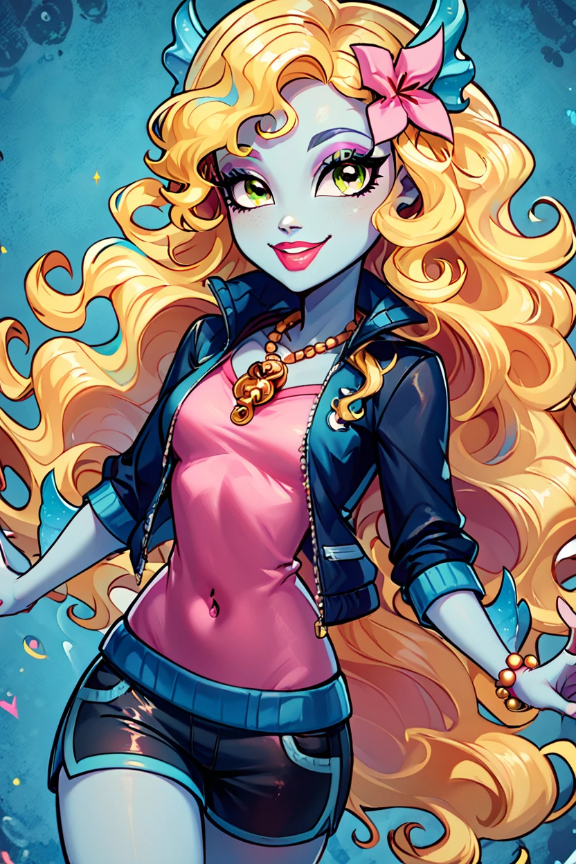 score_9, score_8_up, score_8, medium breasts, (curvy), cute, eyelashes,       ,,, , ,,, zzLagoona, green eyes, yellow eyes, blonde hair, blue hair, curly hair, hair flower, hair ornament, long hair, multicolored hair, wavy hair, blue skin, makeup, jewelry, lipstick, necklace, bracelet, eyeshadow, flower, pink shirt, black shorts, black jacket,  <lora:Lagoona_MH_PDXL:1.0>,  ,,,, BREAK, smile, looking at viewer, ,,, abstract background, white outline, cowboy shot, ,,, embedding:zPDXL, Expressiveh, ,,, <lora:CatalystStylePDXL:0.6>, <lora:SDXLFaeTastic2400:0.5>, <lora:Expressive_H-000001:0.4>,