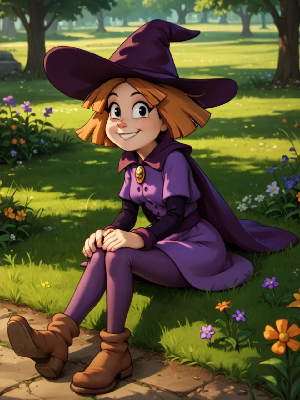 score_9, score_8_up, score_7_up,  score_6_up, BREAK, P3nny, 1girl, solo, orange hair, short hair, witch hat, purple hat, black eyes, purple dress, purple cape, purple pantyhose, brown footwear, in the park, sitting on the ground, smile, grass, flowers, looking at viewer   <lora:Penny-000009:1>