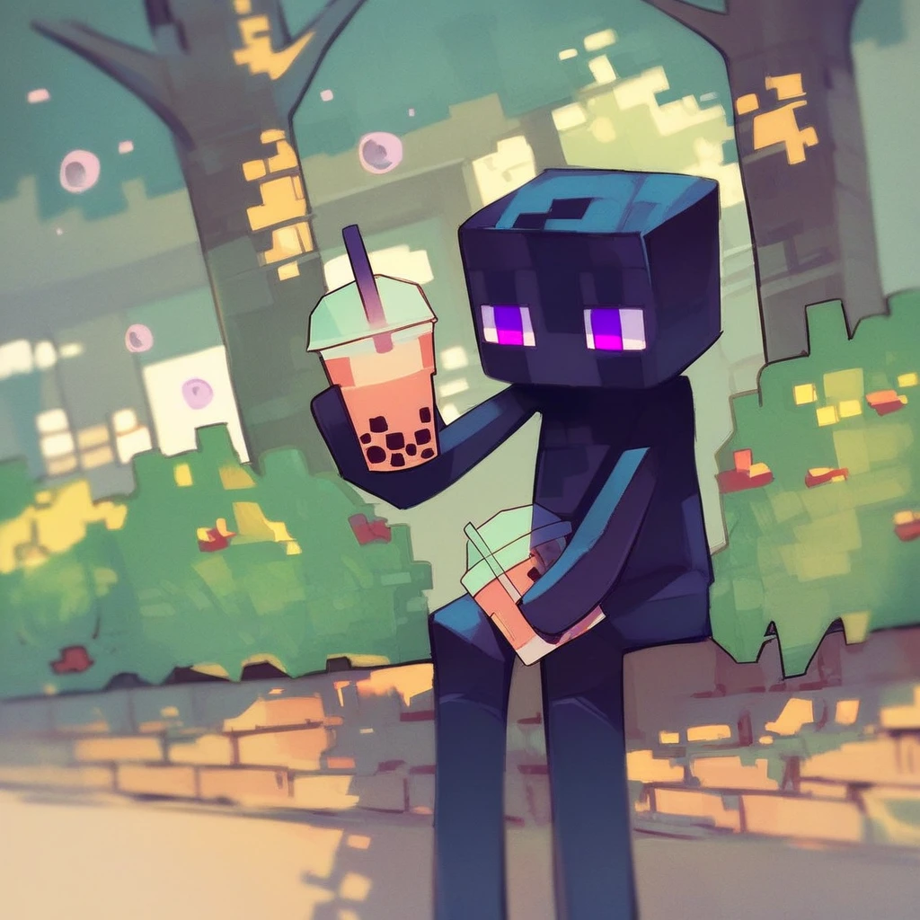 score_9_up, score_8_up, score_7_up, mikus-sona, black skin, purple eyes, square head, square body, tall, long legs, long arms, holding, bubble tea, park