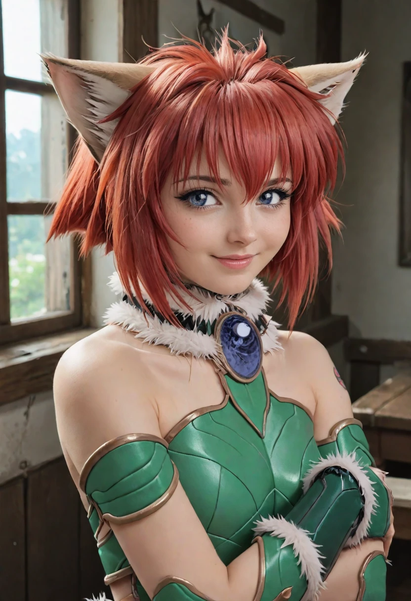 marinbravesoul, 1girl, upper body portrait, cute  warm smile, solo, blue eyes, cat ears, red hair, green armor, fur chocker, looking at viewer, indoor, (bare shoulders:1.1), <lora:MarinBraveSoulPonyV3_B1_Warm:0.95>, score_9, score_8_up, score_7_up,