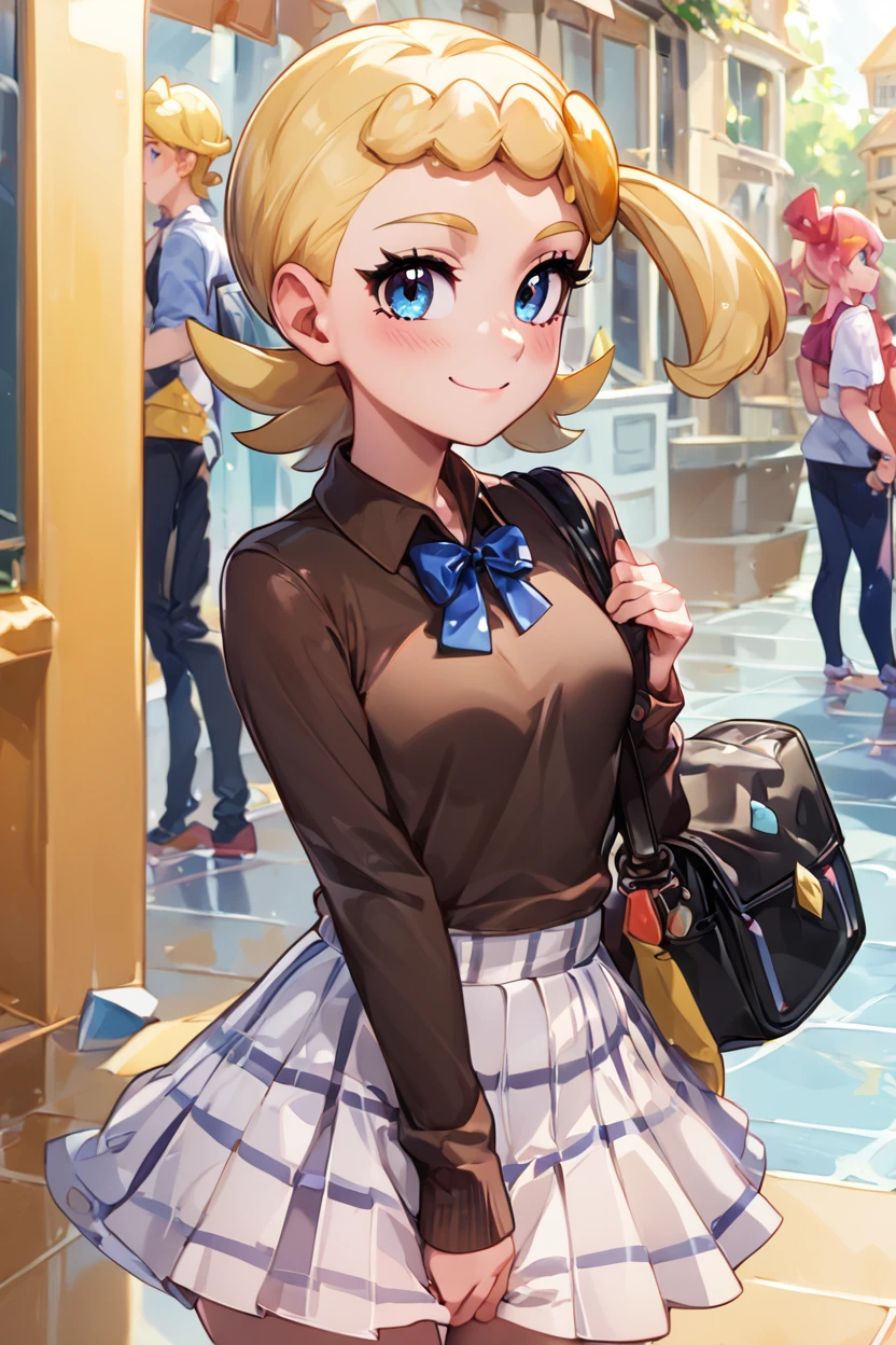 score_9, score_8_up, score_8, medium breasts, (curvy), cute, eyelashes,       ,,, , ,,, zzBonnie, blue eyes, blonde hair, hair ornament, short hair, side ponytail, brown shirt, white skirt, <lora:Bonnie_Pokemon_PDXL:1.0> ,,,, BREAK, closed mouth, alternate costume, smile, looking at viewer, collared shirt, blush, sweater, black skirt, eyelashes, long sleeves, sleeves past wrists, plaid skirt, shoulder bag, black bag, blurry, tile floor, pleated skirt, white shirt, cowboy shot, ,,, embedding:zPDXL, Expressiveh, ,,, <lora:Vivid:0.7>, <lora:Uncensored_PonyXL_cpt_v02.09:0.4>, <lora:Expressive_H-000001:0.4>,