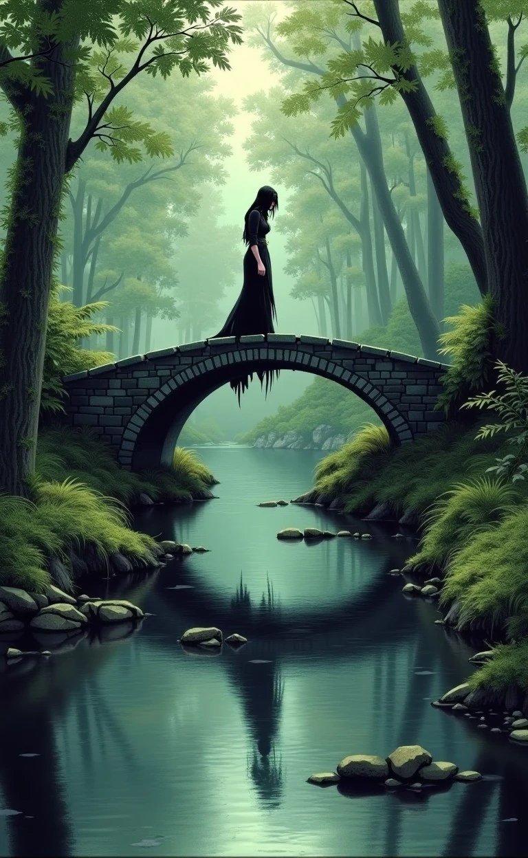 elvira woman <lora:flux_halloween_s10_elvira_woman:1.0>, dangerous A woman standing on a stone bridge over a small stream in the heart of a forest, her reflection visible in the water as the soft light filters through the trees.