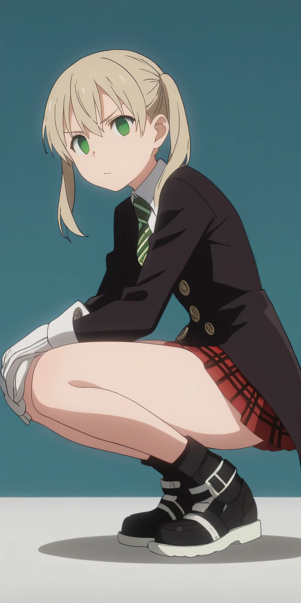 Highest quality, Very detailed, masterpiece, anime,Highest quality,One girl, Makah Albarn, (Kick),Lift your legs,Panty shot,White panties, Blonde, Green Eyes, Twin tails, Black coat, Red checked skirt,Night view,