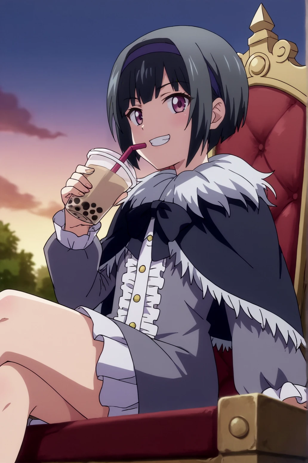 score_9, score_8_up, score_7_up,anime_source, source_anime, best background, detailed background, anime screencap,  Philip, Main Outfit, solo, dynamic angle, naughty face, dynamic camera, dynamic pose, outdoors, night, throne, sitting, drinking, bubble tea, grin,  <lora:JN_Philip:0.8>