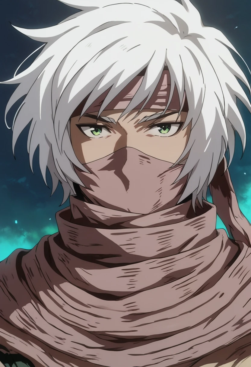 source_anime, (masterpiece), (best quality), score_9, score_8_up, score_7_up, (masterpiece:1.2), (best quality:1.3), 1boy  <lora:Iruga_Alam_Ragnarok:0.8> iruga_rota, white hair, headband, scarf, mask, portrait, simple background, upper body, masterful composition, dynamic movement <lora:Anime Style (Vauxz) PONY:0.8>, low-key lighting, lo-fi, glow, dynamic cinematic lighting, ray_tracing, global illumination