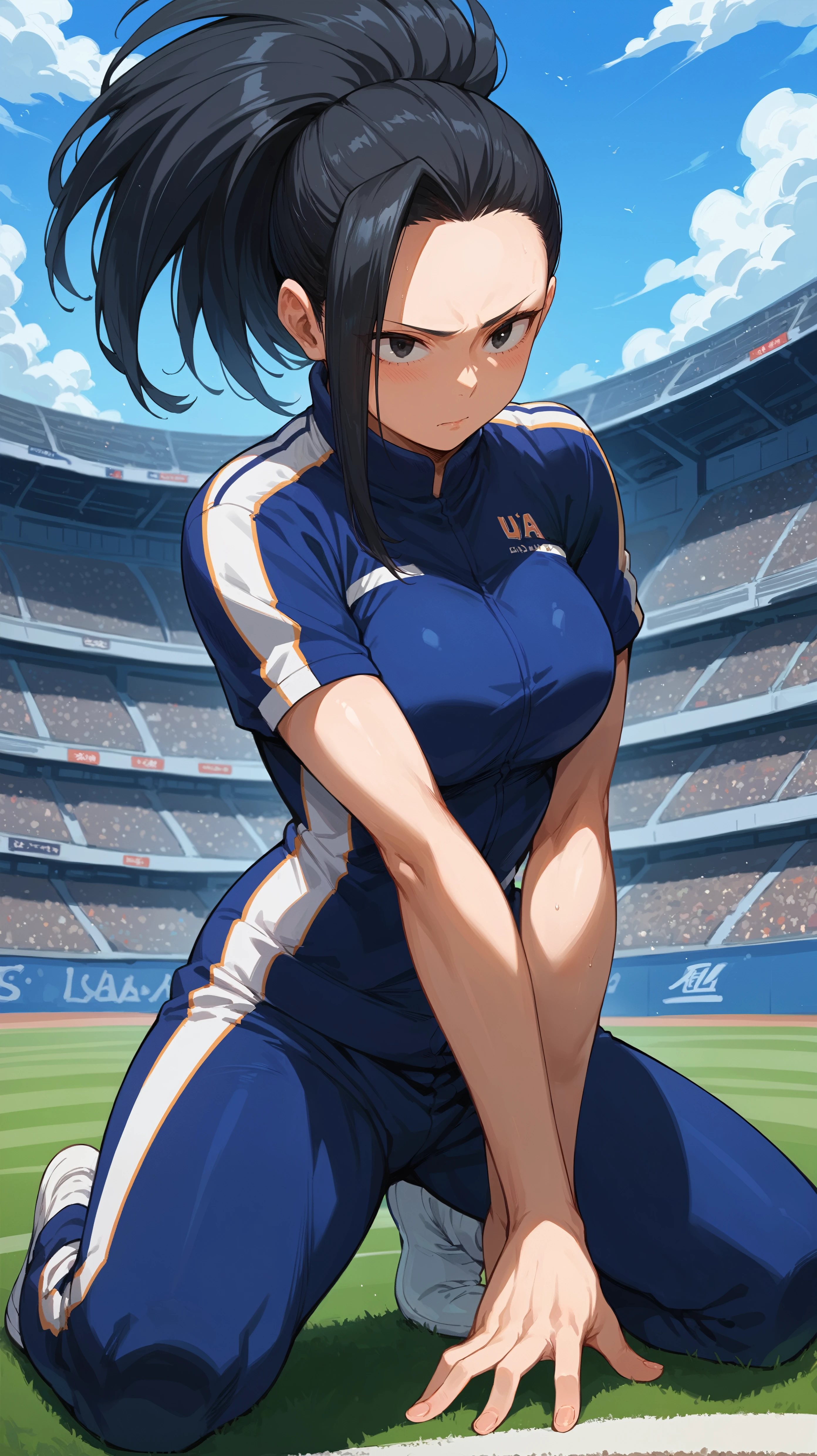 score_9,score_8_up,score_7_up,score_6_up, source_anime, <lora:xl_more_art-full_v1:0.5>, girl, dynamic pose, fetal position, <lora:Momo Yaoyorozu (Creati) - Pony-000004:0.8>, long hair, black hair, high ponytail, black eyes, blue tracksuit, stadium,