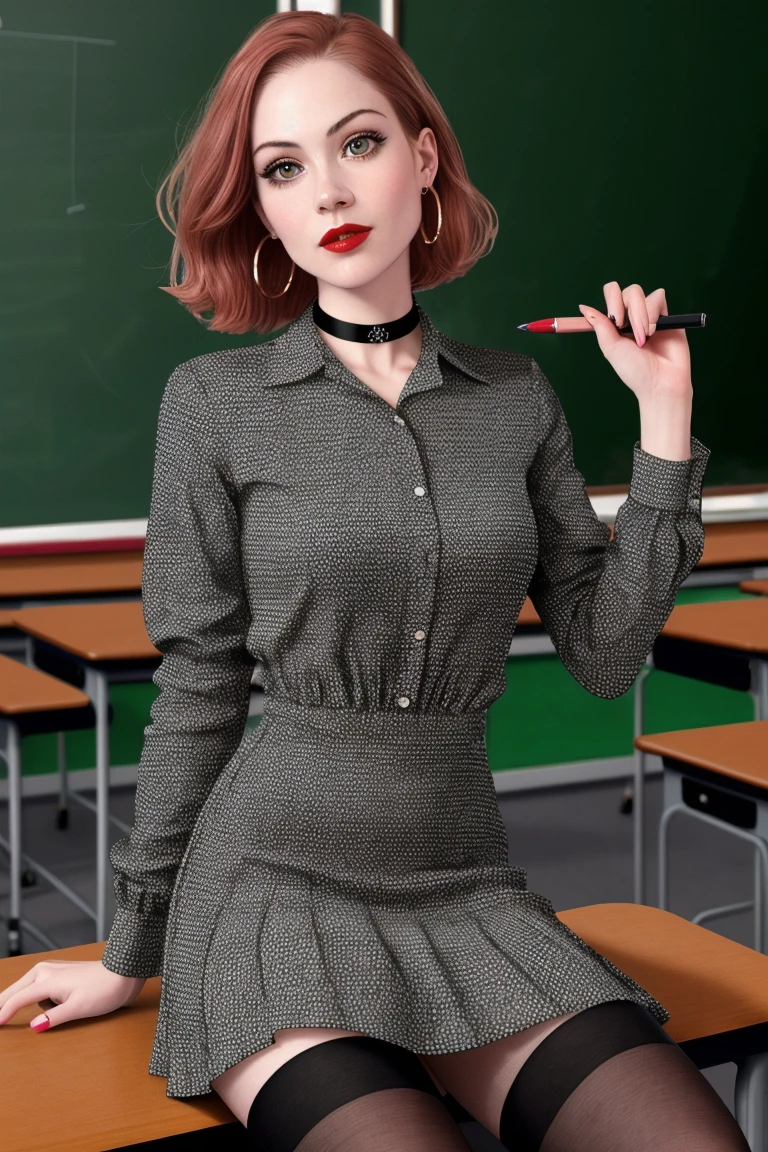 chrisapple-320,  ((detailed eyes, detailed face, masterpiece, best quality, high resolution):1.2),  ((red lipstick, blush)), ((fully clothed, modest)), , ((dark red hair)), , 1girl, solo, hoop earrings, bracelets, beautiful photograph, dreamy, surreal, trending, art deco, , a photo of a woman, ((detailed eyes, detailed face, award winning, high resolution, masterpiece, best quality, extremely detailed)), (red lipstick, eye shadow, eyeliner, pale skin), ((classroom, chalkboard, desks)), pencils, papers, window, ((modest, conservative)), (dress shirt, skirt, thighhighs, choker)