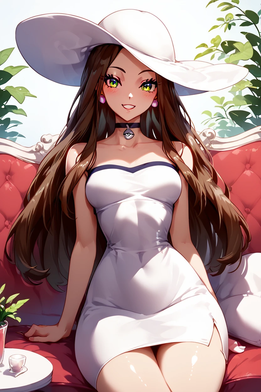 score_9, score_8_up, score_8, medium breasts, (curvy), cute, eyelashes,       ,,, , ,,,  zzBeauty, brown hair, long hair, green eyes, earrings, large breasts, white sun hat, white dress,<lora:Beauty_Pokemon_PDXL:1.0>, ,,,, BREAK, ,,, smile, looking at viewer, blush, blurry, couch, sitting, ,,, shiny skin, <lora:ProAnime_PDXL_v1:0.7>, ,,, embedding:zPDXL, Expressiveh, <lora:SDXLFaeTastic2400:0.5>, <lora:Expressive_H-000001:0.4>,