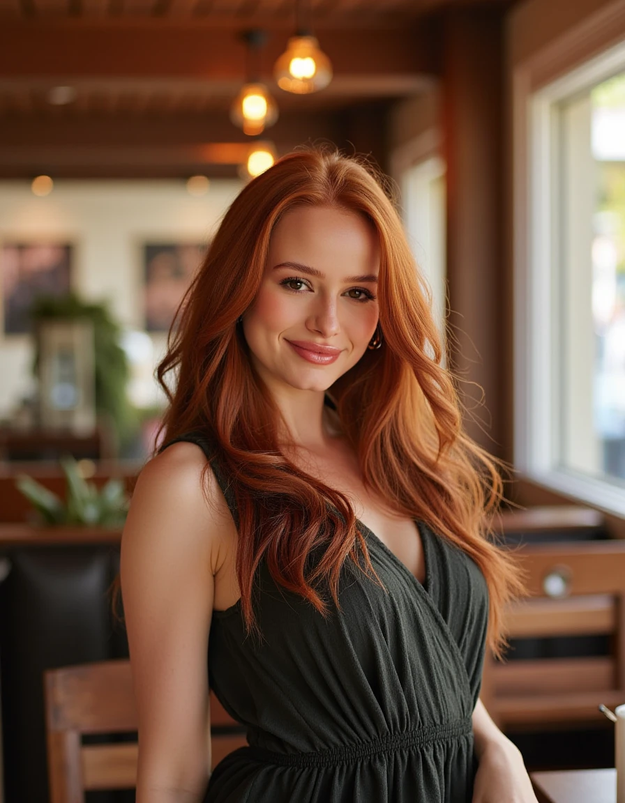 <lora:Madelaine_Petsch_Flux:1>  beautiful detailed photograph, red hair cascading over her shoulders, wearing a dress, standing in cafe looking at the viewer, smile