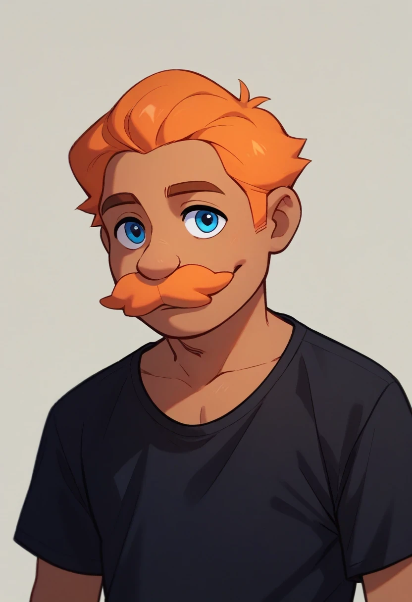 Brooklyn_guy_V2, solo, blue eyes, shirt, 1boy, upper body, male focus, short sleeves, black shirt, orange mustache, orange hair, semi dark skin