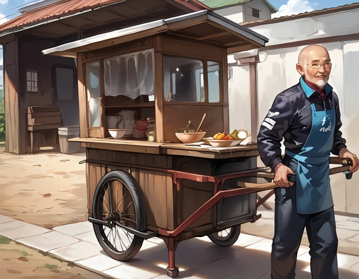 score_9, score_8_up, score_7_up, score_6_up, score_5_up, score_4_up, zPDXL2,source_anime,rating_questionable,
RamenMarketStall, bald, 1boy, male focus, solo, apron, old, old man, realistic, cart, outdoors, jacket, facial hair, bicycle  <lora:BDpony_RamenMarketStall_V1-5250:1>