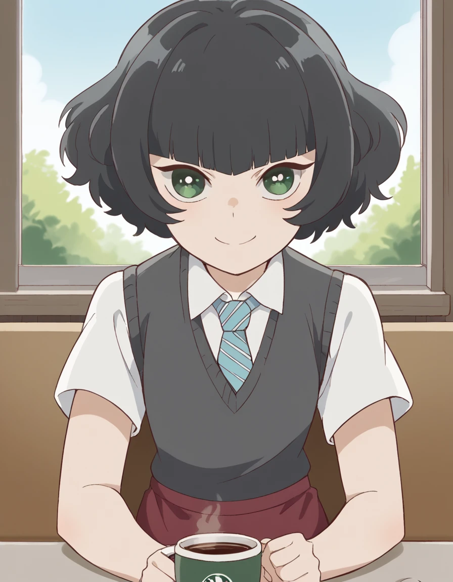 score_9, score_8_up, score_7_up, source_anime, <lora:hitoha-hongou-s1-ponyxl-lora-nochekaiser:1>, hitoha hongou, short hair, bangs, black hair, green eyes, blunt bangs,, shirt, school uniform, white shirt, short sleeves, necktie, sweater vest, blue necktie, skirt, red skirt,, cafe, coffee cup, barista, sitting down, talking, relaxing, sunlight through window, smile, <lora:the-pose-ponyxl-lora-nochekaiser:1>, the pose, on stomach, feet up, lying, soles, feet, legs up, head rest, barefoot, looking at viewer, solo,, dutch angle, cowboy shot