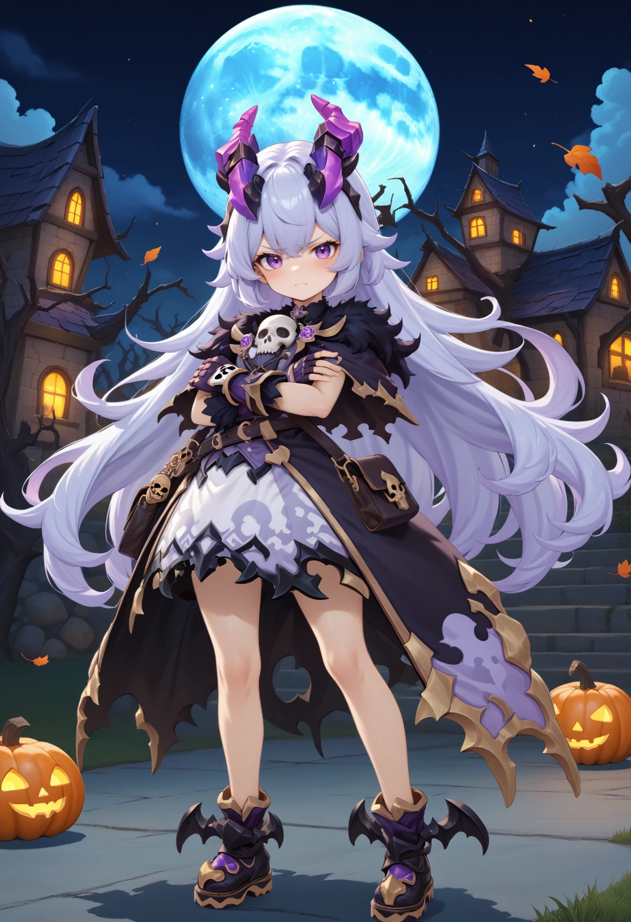 masterpiece, best quality, very aesthetic, absurdres, rom_hela_xl,
1girl, purple hair, horns, purple eyes, grumpy, skull on chest, fingerless gloves, saddlebag, 
full body, standing, crossed arms, haunted house, withered trees, bats, halloween bucket, pumpkin,
outdoors, moon, (wind, falling leaves, light particles:1.4), light rays, tyndall effect, vivid colors, tranquil and magical atmosphere,
shiny skin, beautiful face, beautiful eyes, extreme detailed, official art, professional illustration, hires,
<lora:rom_hela_xl:1>, <lora:aesthetic_anime_v1s:0.5>, <lora:add_details_xl:0.5>