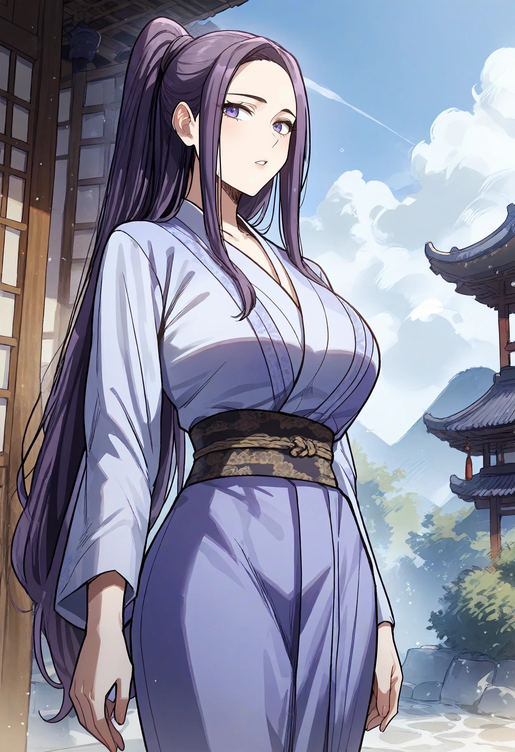 score_9, score_8_up, score_7_up, score_6_up, source_anime, rating_explicit, 1girl, solo, huge breasts, <lora:Jegal hye prefectPonyxl:0.95> long hair, black hair, blue eyes, high ponytail, sidelocks, purple eyes, purple hair, (blue kimono:1.2), (white shirt:0.9), long sleeves, black sash, blue skirt, east asian architecture, outdoors, looking at viewer, standing