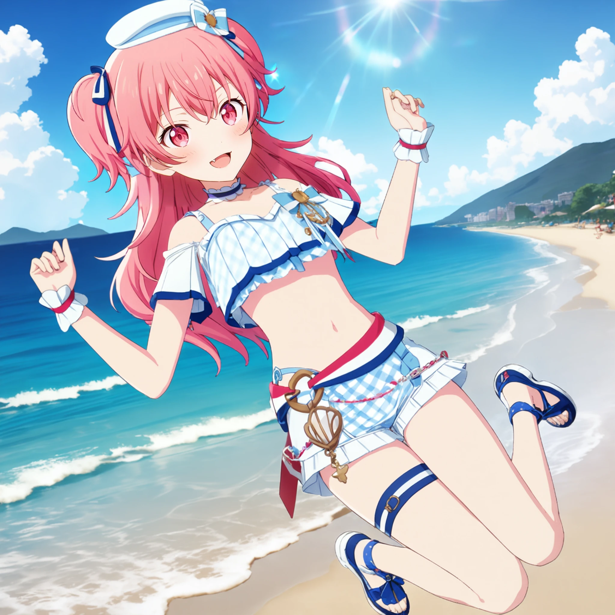 1girl, momoi airi, project sekai, masterpiece, very aesthetic, absurdres, official art,
cider airi, long hair, pink hair, two-side up, pink eyes, fang,
(jumping:1.4), (looking at viewer:1.2), :D, BREAK
shorts, navel, midriff, choker, wrist cuffs, bow, short shorts, thigh strap, white headwear, crop top, frills, ribbon, white shorts, blue shorts, bare shoulders, shirt, frilled shorts, plaid, frilled choker, white choker, blue bow,
beach, beautiful blue sky, sun light, sea, outdoors,
<lora:sdxl-mmj-CiderAiri02:0.9:lbw=0,0,0.2,0.2,0,0.4,0.4,0,0.8,0.8,0,0,0,0.8,0.8,0.6,0.8,0.0,0.0,0.0,0,0,0,0,0,0>