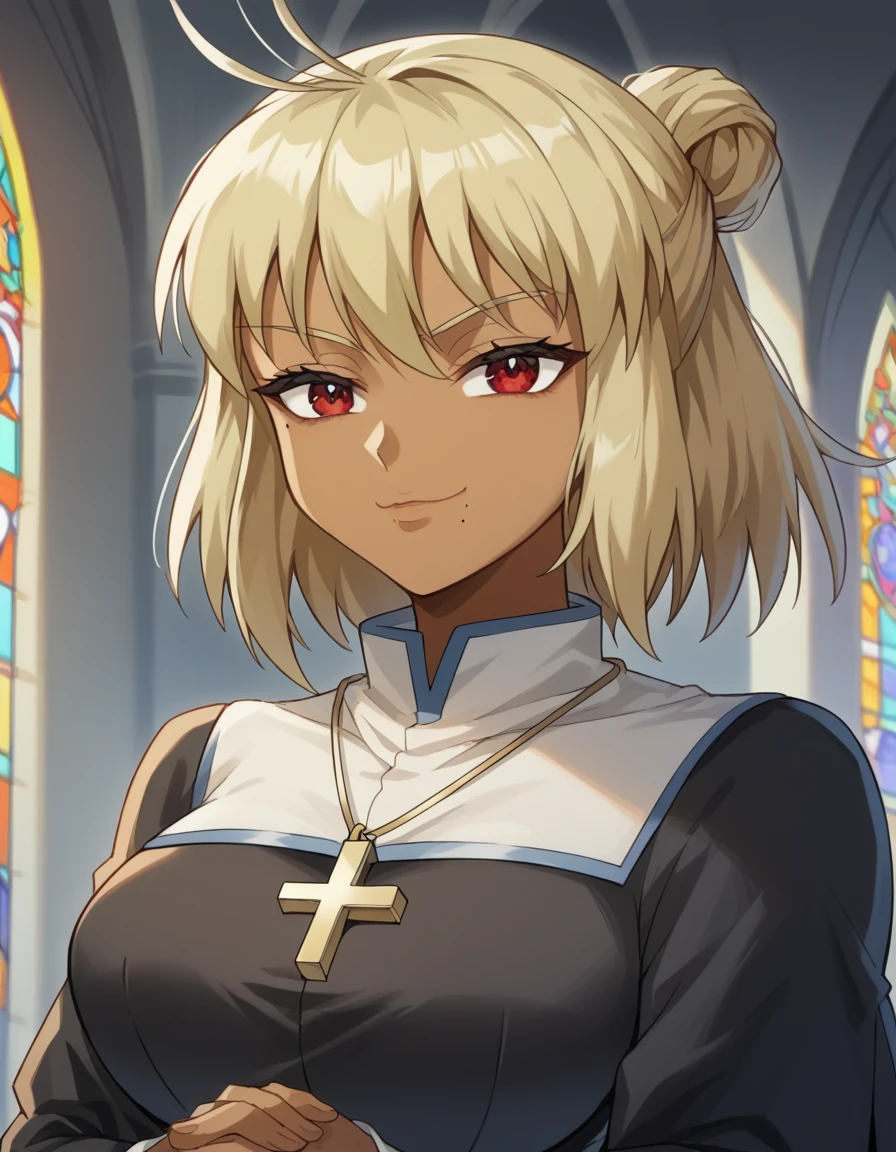 score_9, score_8_up, score_7_up, source_anime, <lora:ragnarok-judia-s1-ponyxl-lora-nochekaiser:1>, ragnarok judia, short hair, bangs, blonde hair, red eyes, dark skin, hair bun, dark-skinned female, antenna hair, mole, mole under mouth, large breasts,, <lora:traditional-nun-ponyxl-lora-nochekaiser:1>, traditional nun, nun, habit, long sleeves, dress, black dress, jewelry, black veil, cross, cross necklace,, church, smug, praying,, , dutch angle, cowboy shot