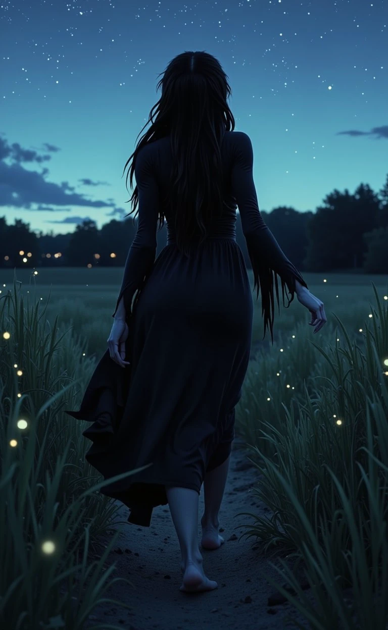 elvira woman <lora:flux_halloween_s10_elvira_woman:1.0>, scary A female figure walking barefoot through a meadow at twilight, fireflies gently glowing around her as the stars begin to appear in the darkening sky.