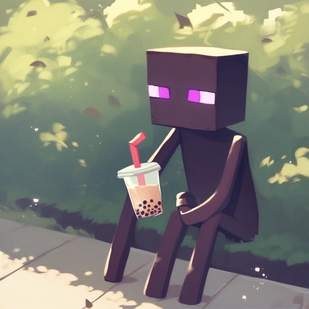 score_9_up, score_8_up, score_7_up, mikus-sona, black skin, purple eyes, square head, square body, tall, long legs, long arms, holding, bubble tea, park