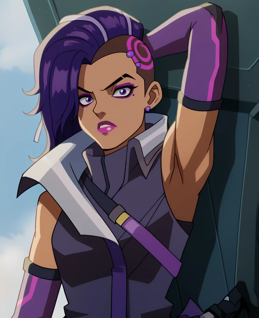 score_5_up, score_4_up,  <lora:Sombra_Animated_Series-000007:1> , sombra1, long hair, purple eyes, purple hair, multicolored hair, earrings, elbow gloves, dark-skinned female, mole under eye,  lipstick, eyeshadow, asymmetrical hair,undercut, high collar, bodysuit, collar, weapon, BREAK portrait, upper body, looking at viewer, expressionless, parted lips, arm up, armpits, arm behind head