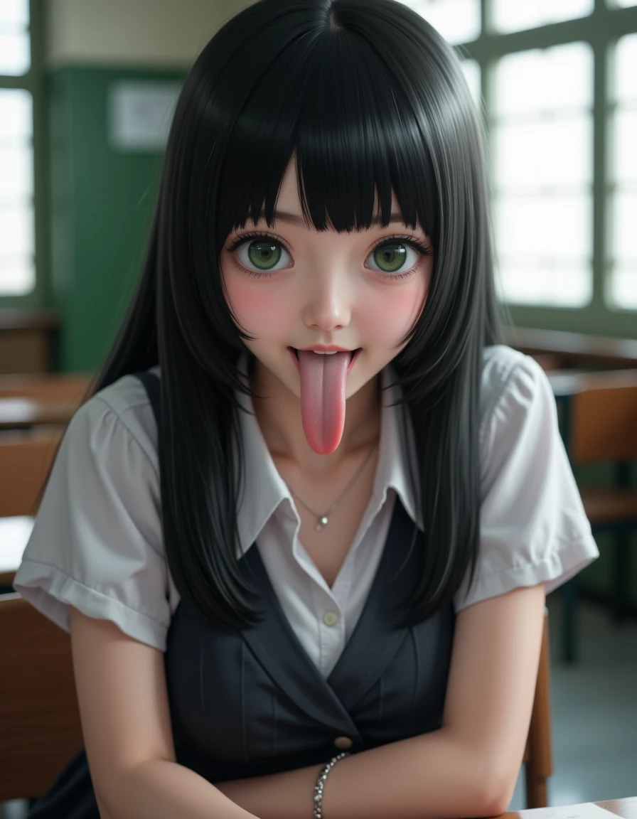 <lora:classpresident1-flux:1> claspres1, This is a <lora:real-lora:1> (ultrarealistic:1.1) photo of a woman's upper body, with a focus on her dark green eyes and long, straight black hair. She has her mouth slightly open and is sticking her (long:1.2), thick, and pointy tongue out. She wears a school uniform consisting of a short-sleeved blouse and a pleated skirt. she is sitting at a desk in a classroom.