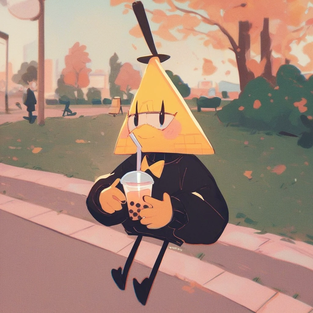 score_9_up, score_8_up, score_7_up, mikus-sona, yellow triangle, black eyes, bow tie, black hands, black legs, black hat, park, holding, bubble tea, black sweater