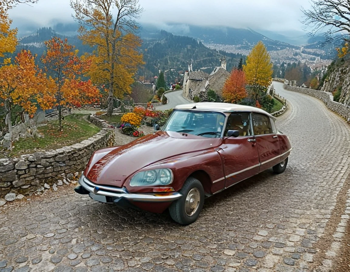 	ds vehicle driving on a winding mountain road, with trees and flowers, the color of autumn, nightfall