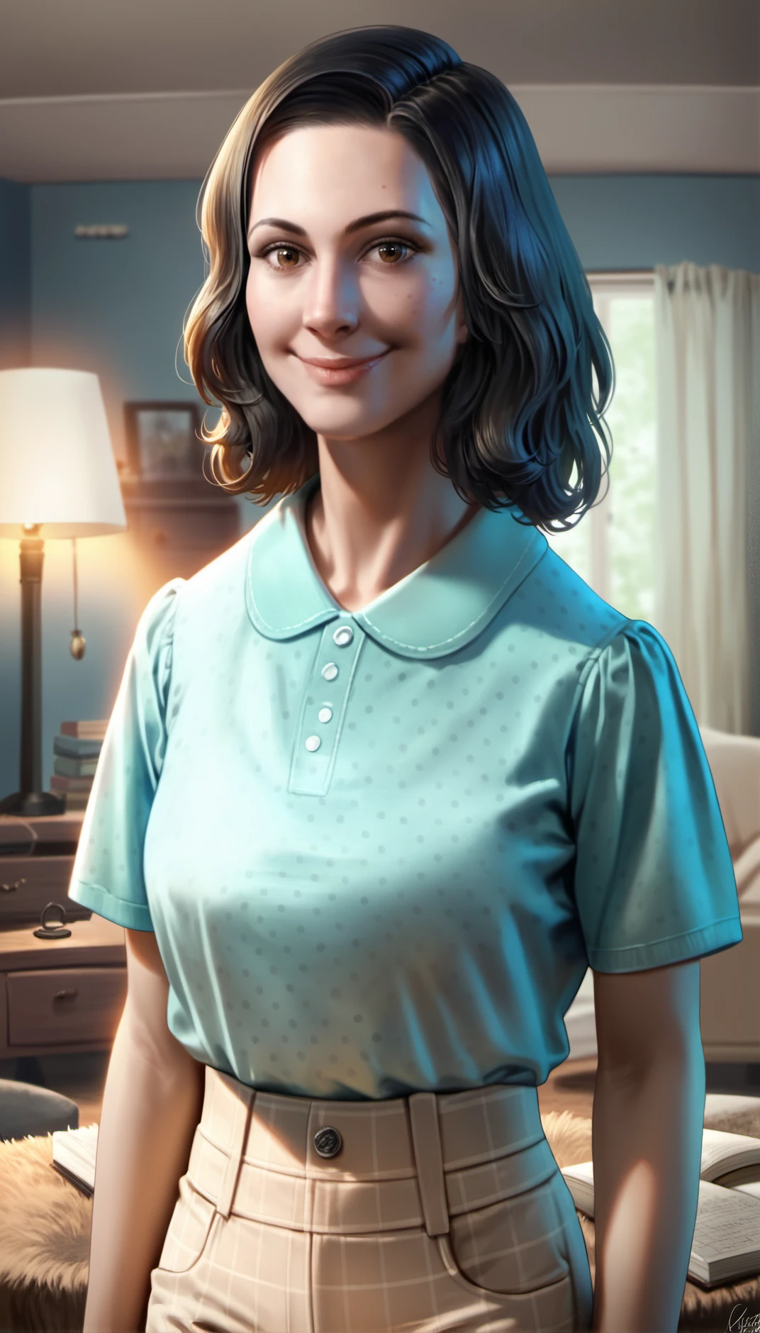 score_9,score_8_up,score_7_up,
<lora:nora:0.9>,fo4nora,
realistic,
1girl,solo,black hair,medium hair,brown eyes,looking at viewer,smile,
light green polka dot short,high-waisted beige pants,
portrait,
indoors,backlighting,living room,circular-patterned rug,a small wooden table with a book and a yellow round lamp,