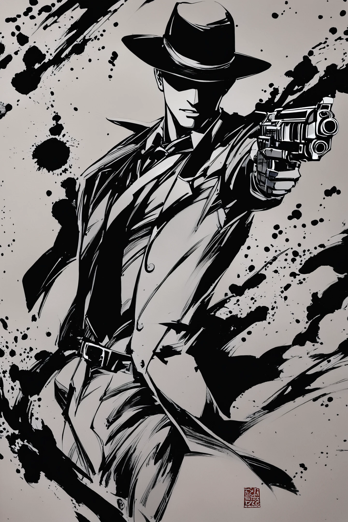 score_9,score_8_up,score_7_up,masterpiece,best quality,
ink \(medium\),hat,solo,gun,weapon,monochrome,1boy,male focus,fedora,greyscale,traditional media,necktie,handgun,
<lora:okazu_XL_PONY:1>,