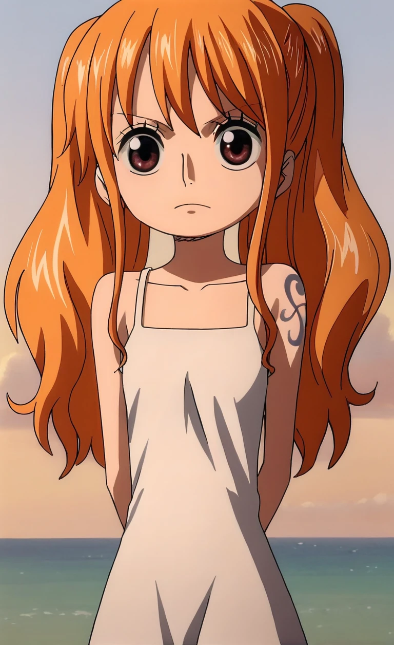 <lora:checkpoint-e100_s900:1>, nami, thin, orange hair, twin tails, white sundress, cute, pretty big eyes, hands behind back, innocent, thin, volumetric lighting,