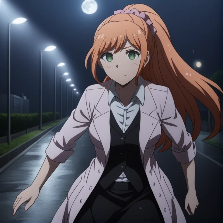 <lora:Chisa_Yukizome_SDXL:1>, This anime screencap is from Danganronpa the Animation. ,  .  ((orange hair)), Chisa Yukizome wearing her uniform from Danganronpa 3 future arc. Chisa has green eyes and light brown hair in a ponytail with a pink scrunchie.  She wears a long white coat with a Future Foundation logo pin on its lapel, a light pink dress shirt with an open collar, a black vest, and a black skirt. Chisa Yukizome is enacting a __jt/poses__ . This takes place within walking on a wet street at night, street lined with floodlights on both sides, sky is dark and hazy, a bright half moon, strange and mysterious, running toward the camera, feeling of freedom and adventure