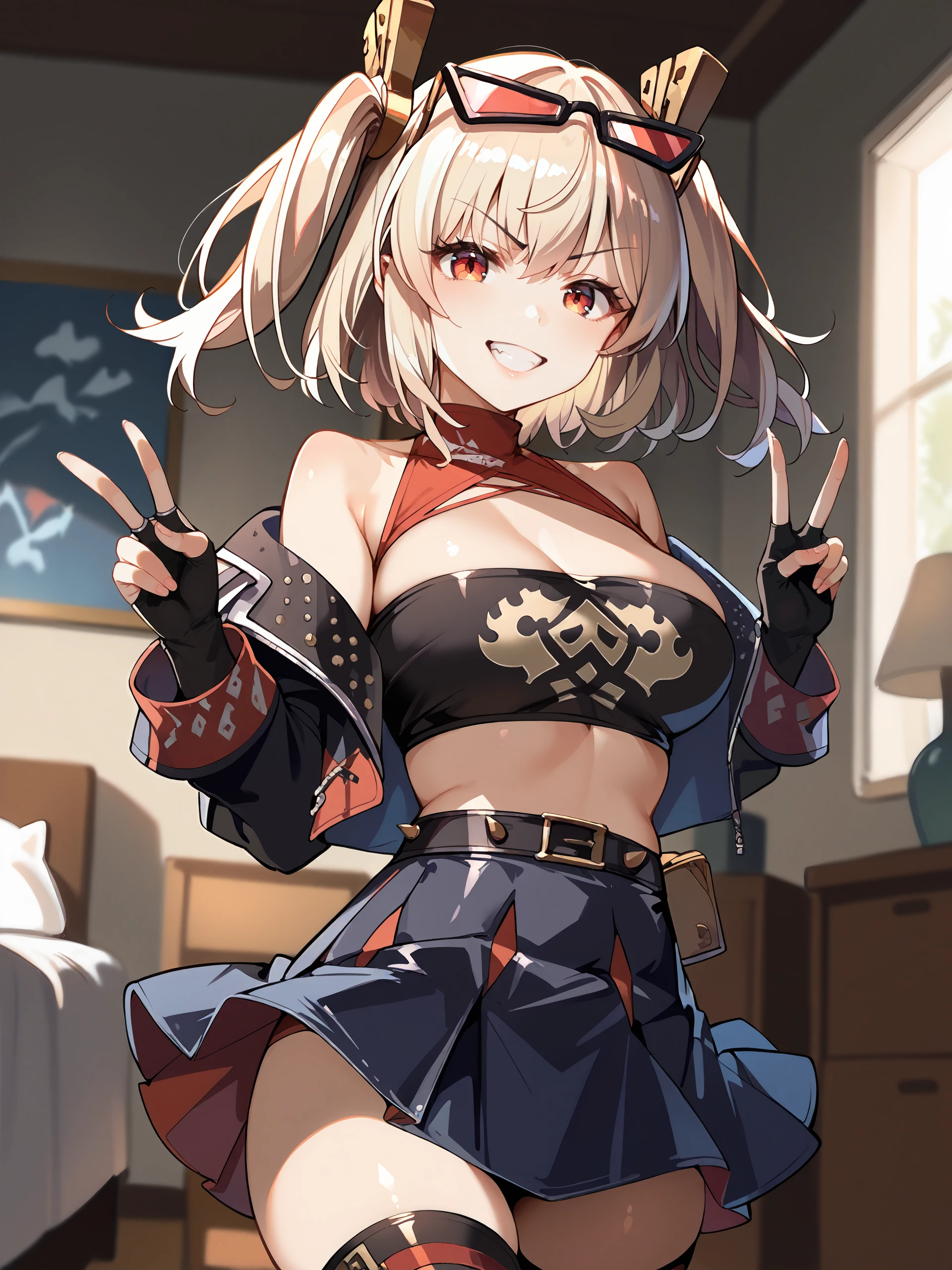 1girl, burnice white, twintails, black skirt, hair ornament, sunglasses on head, latex thighhighs, smile, cropped jacket, off shoulder, bare shoulders , fingerless gloves, sleeveless turtleneck, tube top, cowboy shot, standing, grin, v-shaped eyebrows, looking at viewer, double v, bedroom, indoors, depth of field <lora:Char-ZZZ-Burnice-V1-Pony:0.9>, score_9, score_8_up, score_7_up, source_anime