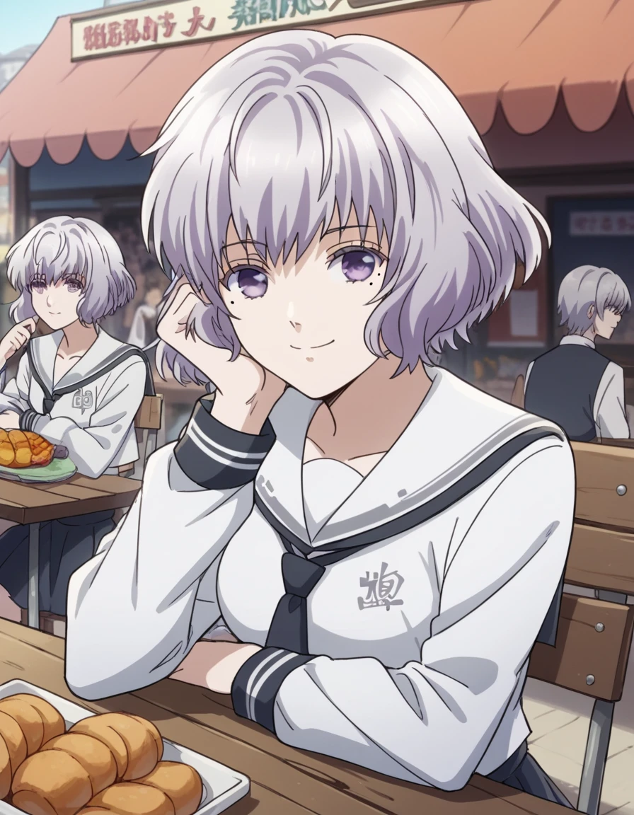 score_9, score_8_up, score_7_up, source_anime, <lora:nanami-shiranui-s1-ponyxl-lora-nochekaiser:1>, nanami shiranui, short hair, bangs, purple eyes, grey hair, mole, mole under eye, medium breasts,, skirt, long sleeves, school uniform, necktie, serafuku, sailor collar,, street market, vendor, street food, bustling crowd, local flavor, vibrant, smile, sitting, head rest, table,, looking at viewer, solo,, dutch angle, cowboy shot