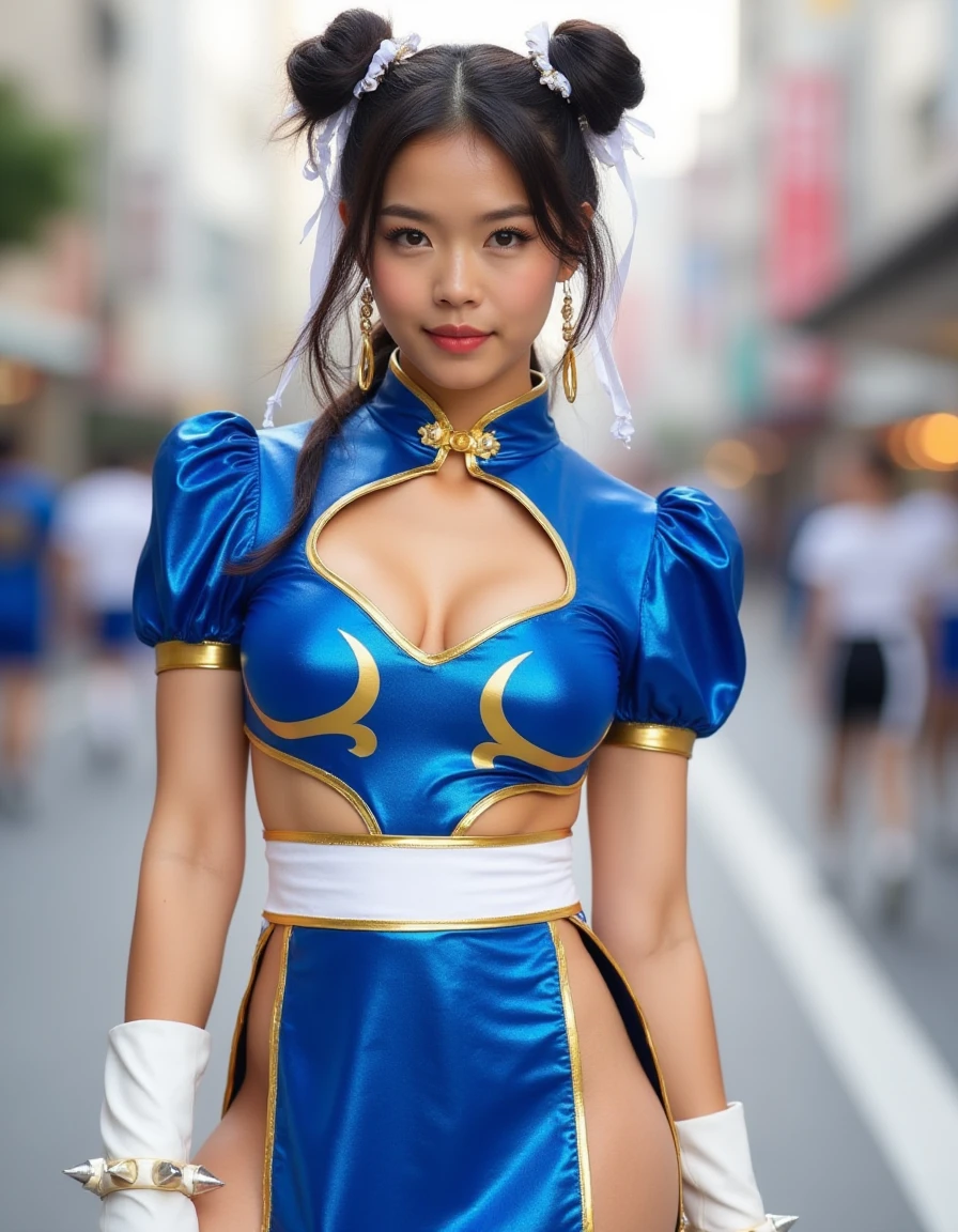 in the tokyo streets
 <lora:Chun_Li_-_Battle_Outfit:1>  chunli outfit, shiny blue outfit, cleavage, dress, white boots, sash, jewelry, pelvic curtain, spiked bracelet, hair bun, double bun, china dress, bun cover, chinese clothes, short puffy sleeves, pelvis side cuts,