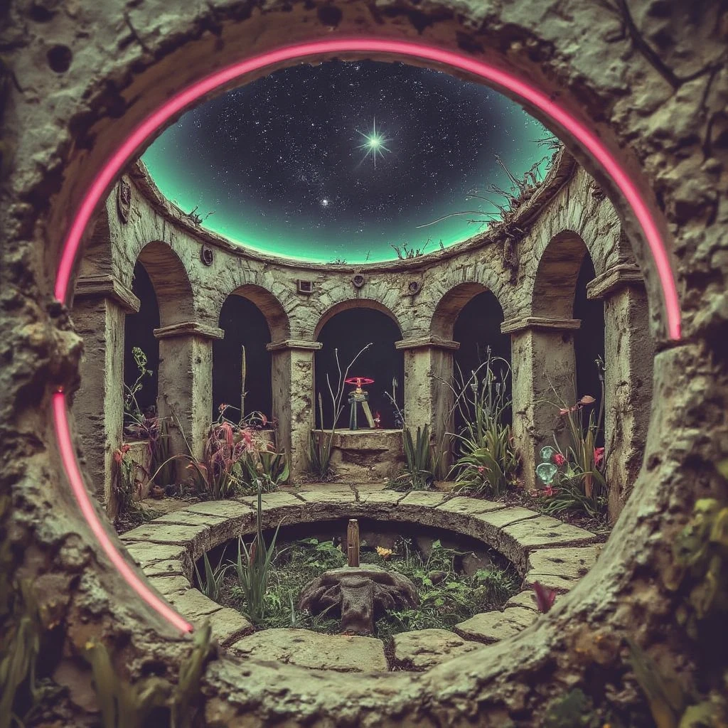 RetroFutureDystopia, stylized by Robert Campin and Matt Fraction, concept art, landscape of a Luminescent (Harare:1.2) from inside of a Ancient stone circle, garden, Stars in the sky, Direct light, Hypersaturated, sci-fi