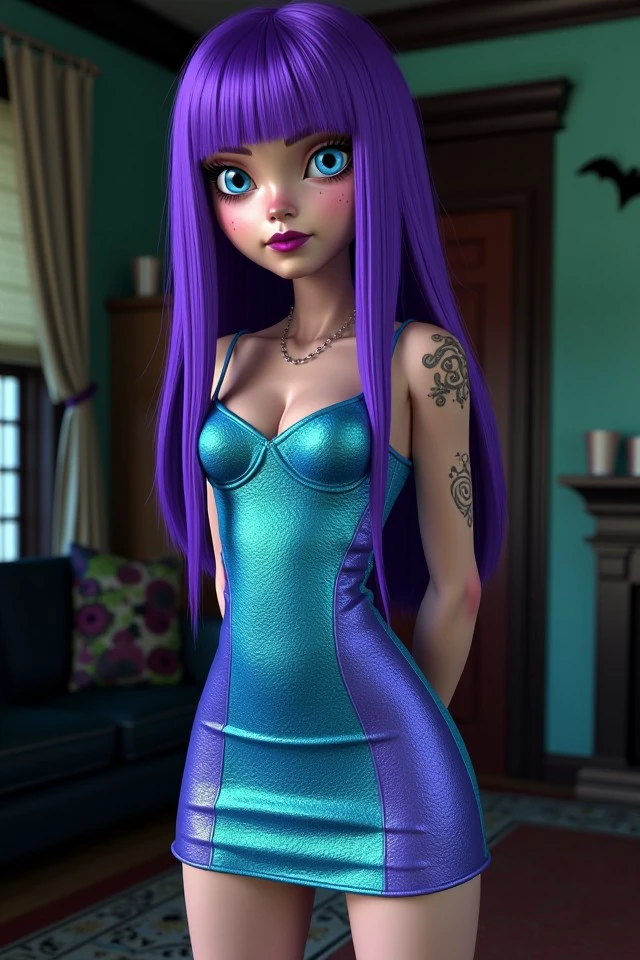 monicut style dog, sinister sassy style, basety style, abbe bi style, iridescent dress, purple hair, facing camera, sleeveless dress, woman close up, upper body, mini skirt, ([Emma|Angelina|Faith]:0.95), young woman, solo, hands behind back, Halloween theme, (blue realistic eyes:1.1), detailed pu(:0)pils, (freckles:0.9), suic(:0)ideg(:0)irl, tattoo, centered, inside home, fireplace, interior design, body suit, 
<lora:halloween_s05_monsters_inc_monicut_style:0.8>