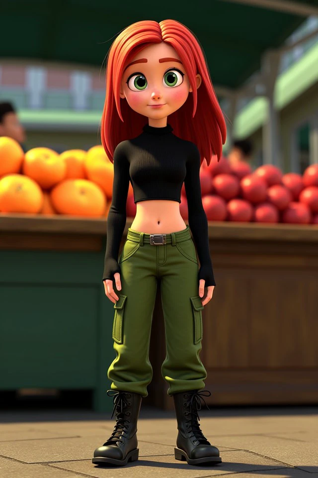 monicut style Kim Possible - Teenage spy with red hair, wearing a black crop top, green cargo pants, and combat boots., dark Local farmer's market and fresh produce 
<lora:halloween_s05_monsters_inc_monicut_style:0.75>