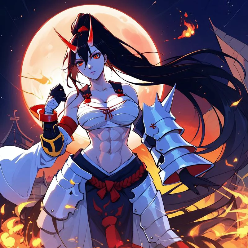 safe_pos, score_9, score_8_up, score_7_up, tamaytka, detail1eye,
1girl, solo,
straight-on shot, panorama,
(standing),
hand up, open hand
Fireball, casting fireball with hand up,
BREAK
(Thicc:1.4), (large breasts:1.4), (wide hips:1.5), (thick thighs:1.2), abs, fit, White skin,
akakage youtou hime, (Black hair), ponytail, (absurdly long hair:1.4),
red eyes, tsurime,
sarashi, bandages, midriff, detached sleeves, (floating armor arm piece:1.5), single gauntlet, faulds, sharp nails, (black hands:1.5),
BREAK
(night), moon, (Japanese village), (darkness:1.4), (Japan night)