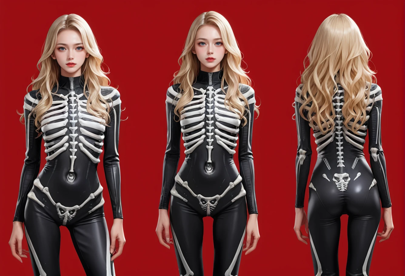 1girl,red background,,ruanyi1917,bodysuit,skeleton,ribs,multiple views,<lora:1917 skeleton jumpsuit_v1_pony:1>, score_9,score_8_up,score_7_up,,8k,1girl,solo,,, blonde hair,long hair,wavy hair,