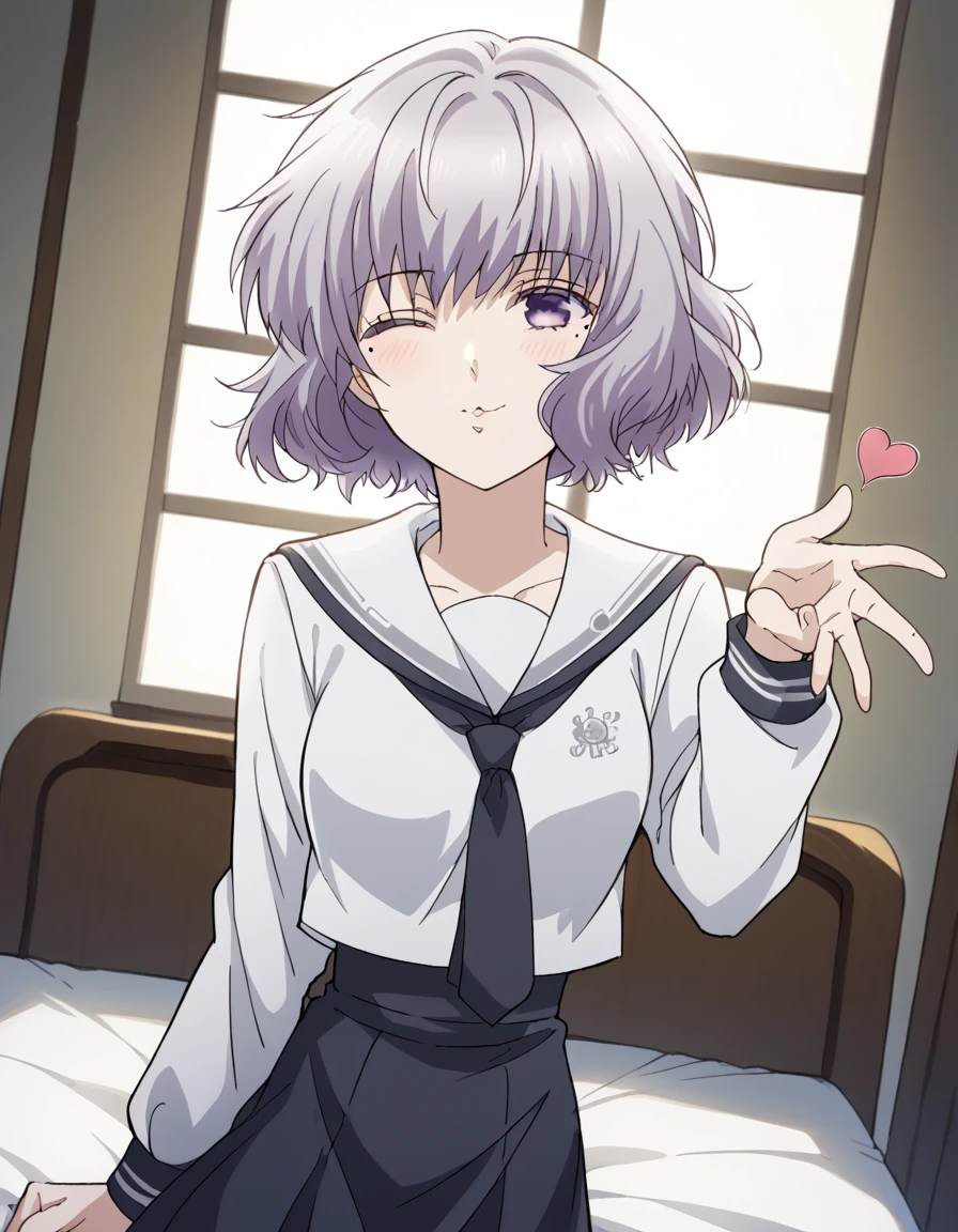 score_9, score_8_up, score_7_up, source_anime, <lora:nanami-shiranui-s1-ponyxl-lora-nochekaiser:1>, nanami shiranui, short hair, bangs, purple eyes, grey hair, mole, mole under eye, medium breasts,, skirt, long sleeves, school uniform, necktie, serafuku, sailor collar,, bedroom, alarm clock, morning routine, yawning, stretching, on bed,, smile, <lora:blowing-kiss-ponyxl-lora-nochekaiser:1>, blowing kiss, pucked lips, heart, one eye closed, o3o, hand up, bed room, bed, blush, cowboy shot, dutch angle,, looking at viewer, solo,, dutch angle, cowboy shot