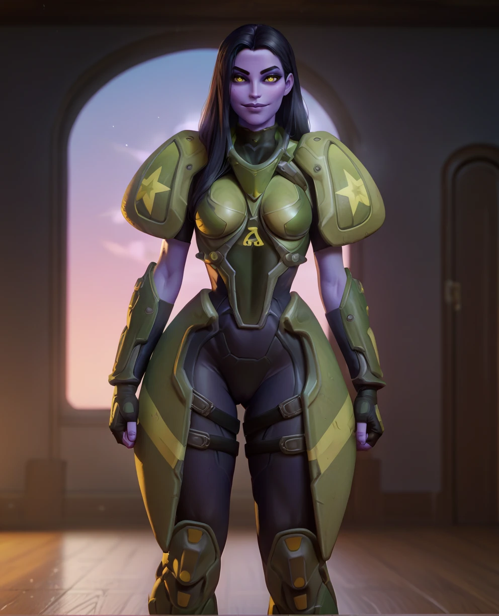 score_9,score_8_up,score_7_up,
Galileaxl,yellow eyes,purple skin,black hair,long hair,
green armor,pauldrons,light smile,
solo,standing,looking at viewer,hips,
battle station,morning,<lora:Galileaxl:0.9>,