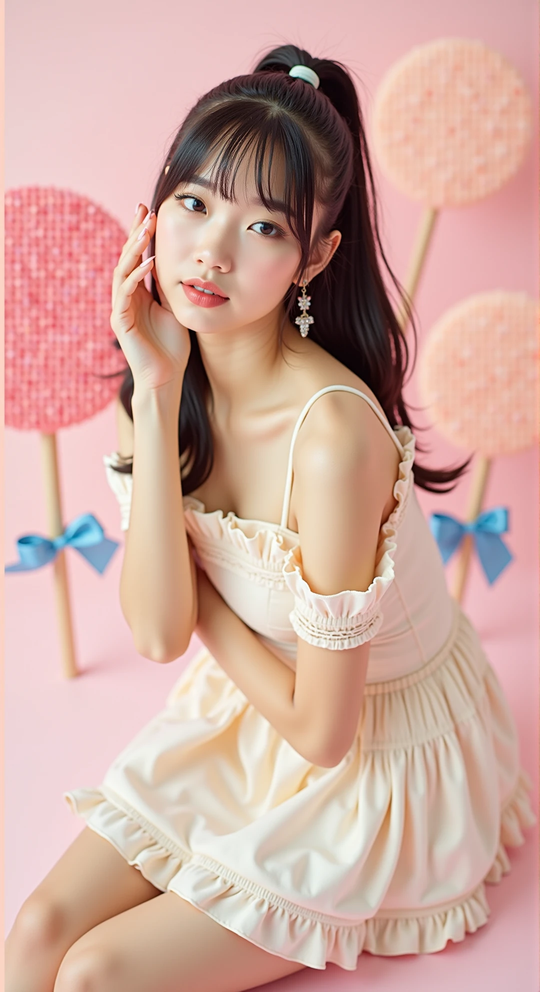 A photo of a young Japanese woman with bangs and a high ponytail, wearing a light pastel-colored dress with frills. She is posed in a studio with a pastel backdrop and giant lollipop props. The camera captures her playfully tilting her head, evoking the fun, colorful style of early 2000s pop fashion shoots.