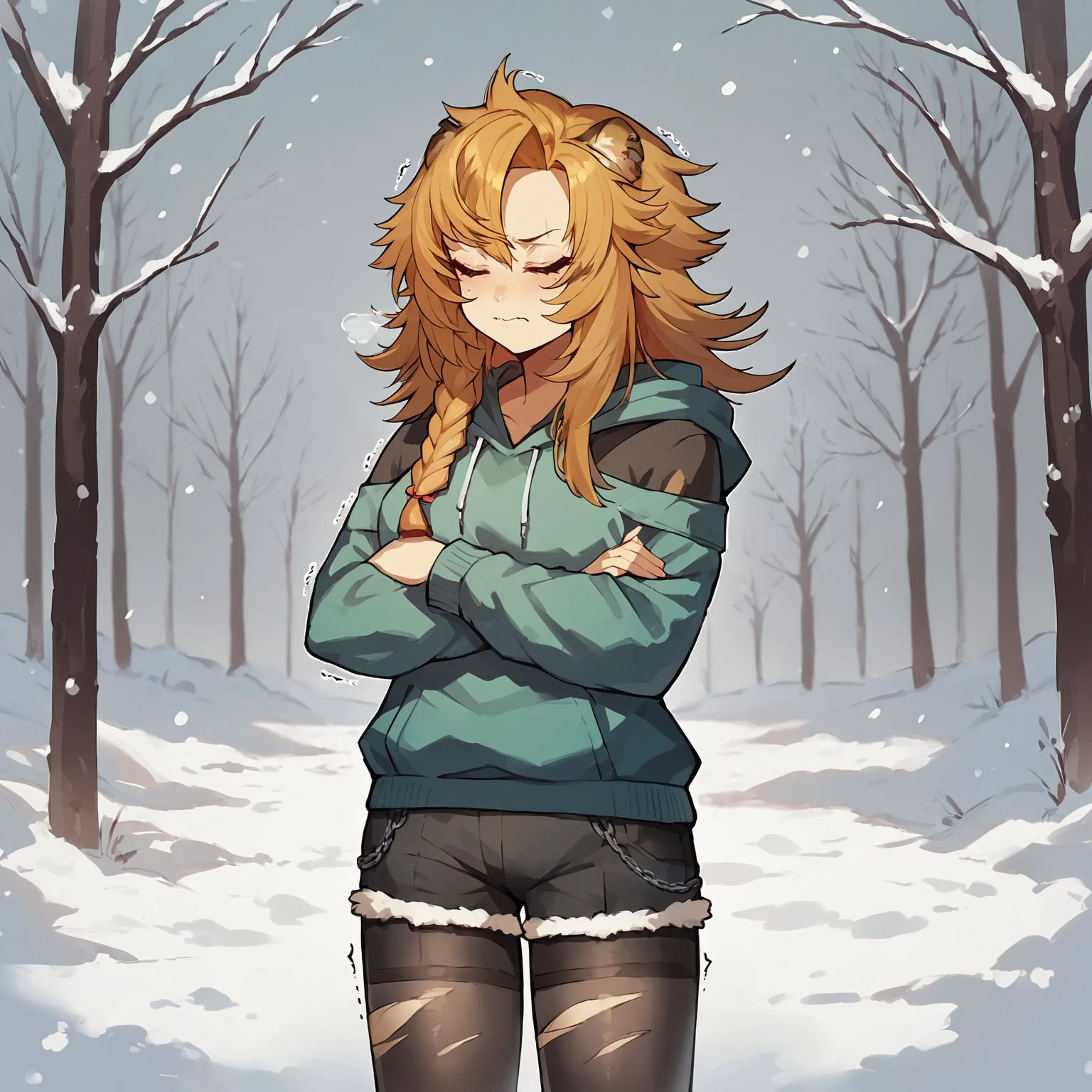 score_9, score_8_up, score_7_up
1girl, standing, crossed arms, trembling, closed eyes, closed mouth, wavy mouth, outdoors, snow, snowing, cowboy shot, breath
<lora:yena-youngblood-1000-16-8-2:1>
yenayoungblood
long hair, single braid, swept bangs
hoodie, shorts, black pantyhose