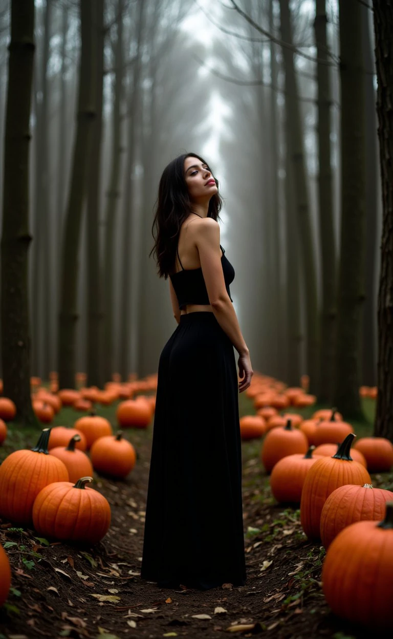 halciver style, pumpkins, dark. woman, pumpkins Halloween theme Misty forest and early morning light  
<lora:flux_halloween_s07_creepy_enviornment_halciver_style:1.1>