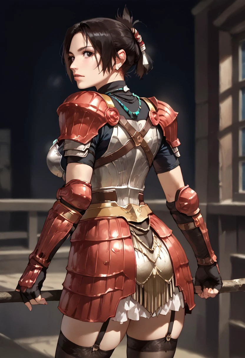 Score_9_up, score_8_up, score_7_up, score_6_up, source_realistic, from behind, BREAK 1girl, solo, Onioyu, black hair, short hair, folded ponytail, black eyes, armor, breast window, pauldrons, gauntlets, fingerless gloves, armor skirt, garter straps, thighhighs, necklace,