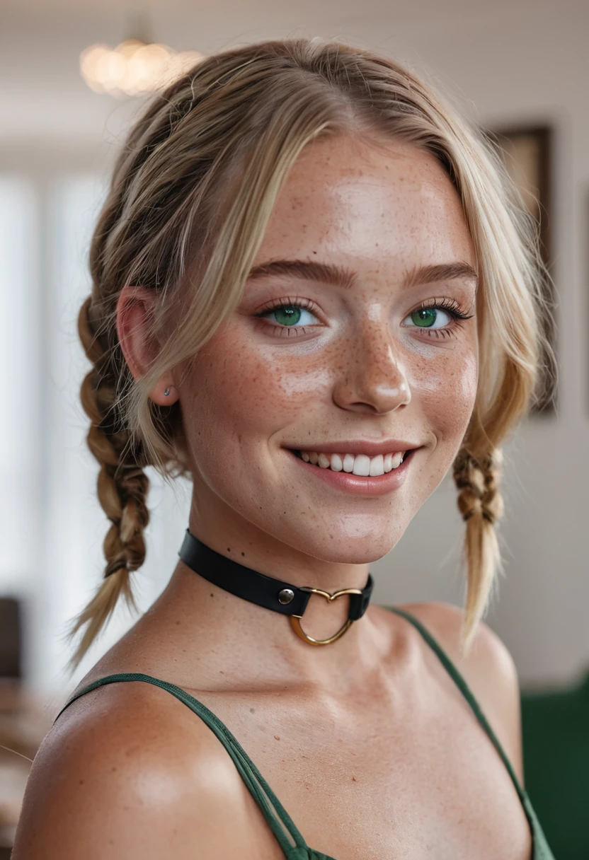 portrait of sexy european woman, blond hair, green eyes, freckles, smiling, sharp edges bob haircut, braids, gloss shine,  blush, skin texture, living room, standing,  detailed face, Porta 160 color, shot on ARRI ALEXA 65, bokeh, sharp focus on subject, shot by Don McCullin, High Resolution, 4K nsfw,  <lora:Heart_Choker:1>, choker