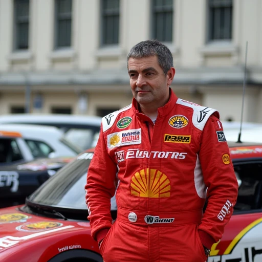 an image of rowan atkinson wearing a racing suit standing next to a racing car