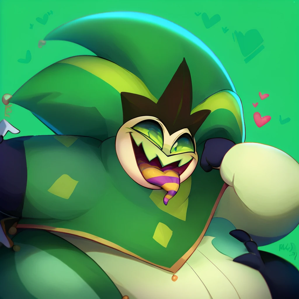 score_9, score_8_up, score_8, best quality, 8k, solo, 1boy, Mammon, fat, green headwear, monster boy, multicolored tongue, overweight male, multiple arms, green background, cute, smiling,<3, face close up, profile, slight side view, 2d, cute, mouth open