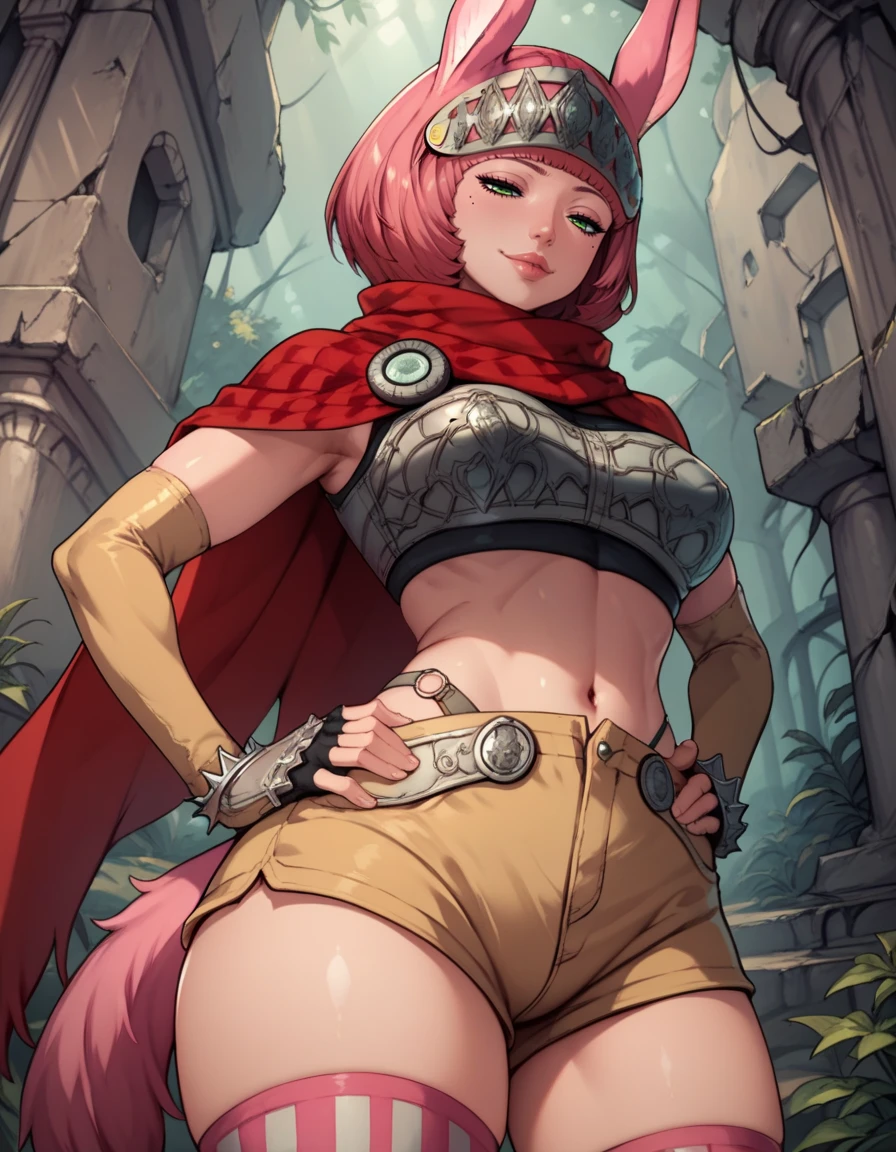 score_9, score_8_up, score_7_up,score_6_up, score_5_up, score_4_up , 1girl, solo, 
large breasts, 
CatherinaDG,
short hair, pink hair, green eyes, 
half-closed eyes, naughty face, 
hands on hips,
from below, lips,
forest, ruins, 
red scarf,  cape, fingerless gloves, elbow gloves, shorts, tail, mismatched legwear, crop top, 
 <lora:Catherina DG PXL v01-000003:1>