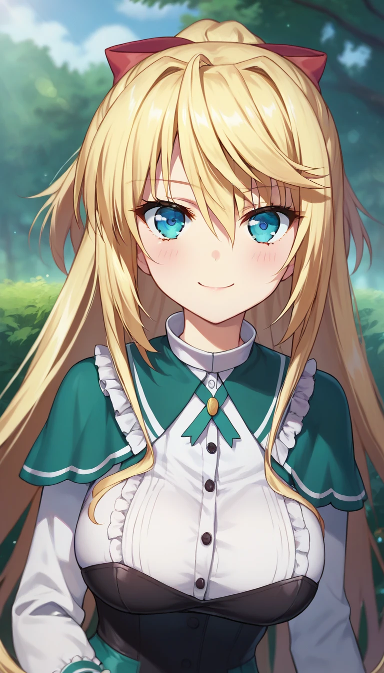 score_9,score_8_up,score_7_up,score_6_up BREAK official art,solo,outdoors,upper body,(portrait:1.5),looking at viewer,facing viewer,smile,blush,Lilith Bristol,very long hair,blonde hair,high ponytail,hime cut,hair ornament,hair bow,red bow,red hair ribbon,sidelocks,hair between eyes,bangs,blue eyes,green capelet,neck ribbon,green ribbon,white shirt,long sleeves,black bandeau,large breasts,buttons,green skirt,pleated skirt,frills,white thighhighs,zettai ryouiki,mary janes,black footwear,high heels,<lora:Lilith Bristol(ad)-Pony:1.5>,